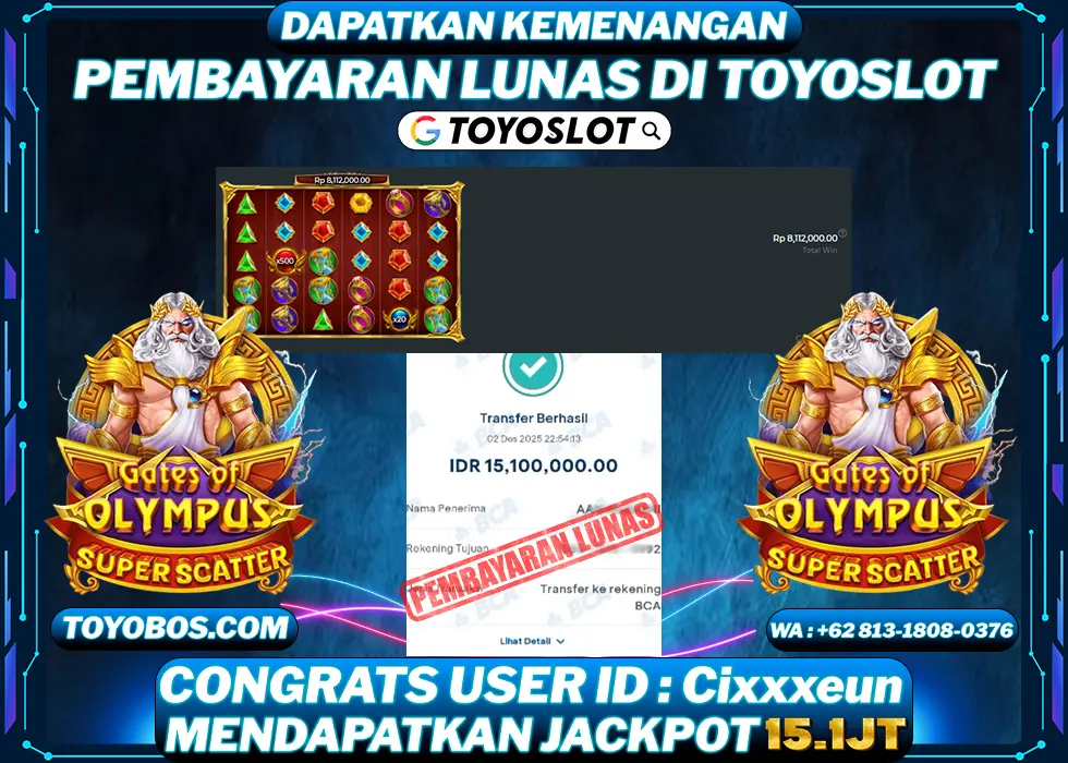 TOYOSLOT - BUKTI KEMENANGAN Gates Of Olympus Superscatter Rp15,100,000,- LUNAS